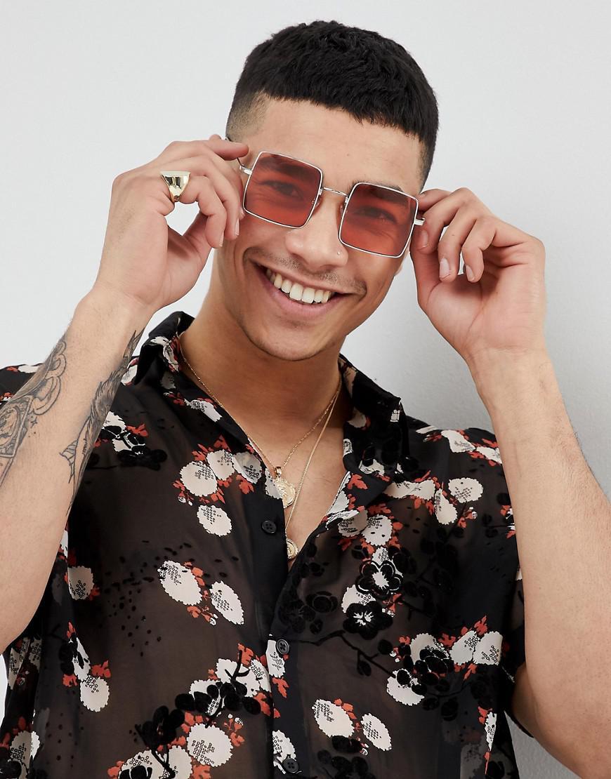 Mens Metallic Square Sunglasses In Gold With Pink Lens